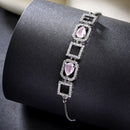 Zeneme Rhodium Plated Silver Toned White Square Cut Pink Teardrop American Diamond Studded  Wraparound Adjustable Bracelet