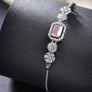 Rhodium Plated Silver Toned Pink Square Centerpiece Ad Studded Bracelet With Beads & Floral Accents Wraparound Adjustable Bracelet