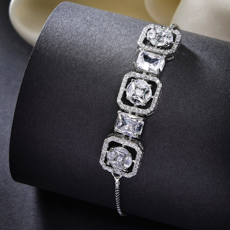 Rhodium Plated Silver Toned White Round & Rectangle American Diamond Studded Wraparound Adjustable Bracelet