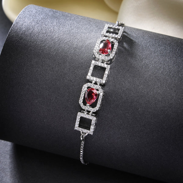 Rhodium Plated Silver Toned White Square Cut Red Teardrop American Diamond Studded  Wraparound Adjustable Bracelet
