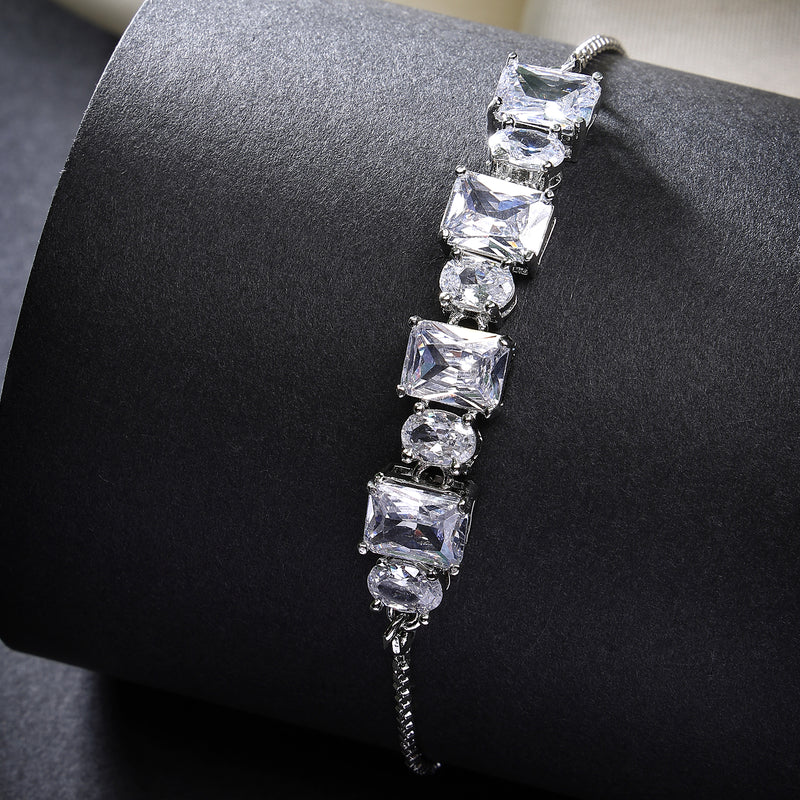 Rhodium Plated Silver Toned White Round &  Square Cut AD Studded Wraparound Adjustable Bracelet