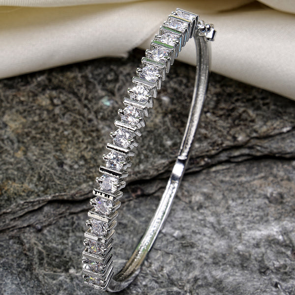 Rhodium Plated Silver Toned Minimal Round White American Diamond Studded Cuff Bracelet