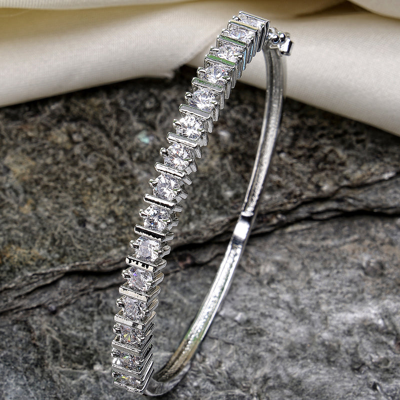Rhodium Plated Silver Toned Minimal Round White American Diamond Studded Cuff Bracelet
