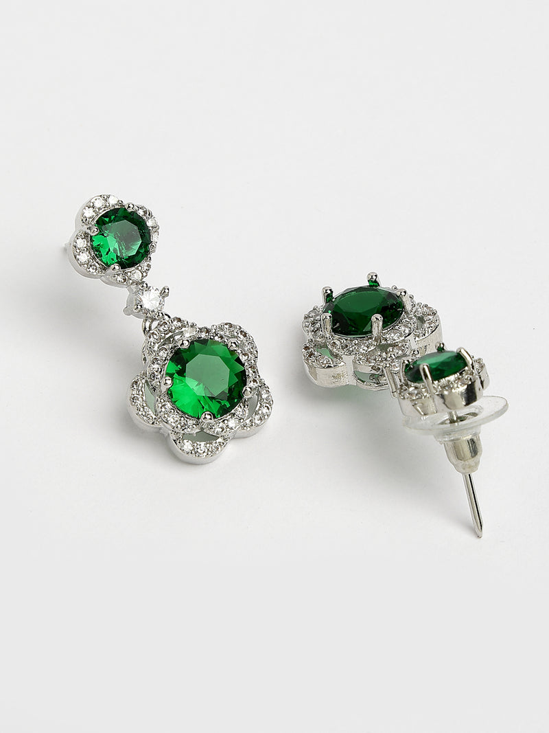 Rhodium Plated with Dual Green American Diamonds Drop Earrings