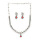 Rhodium Plated Silver-Tone Floral Designer American Diamond Necklace Set