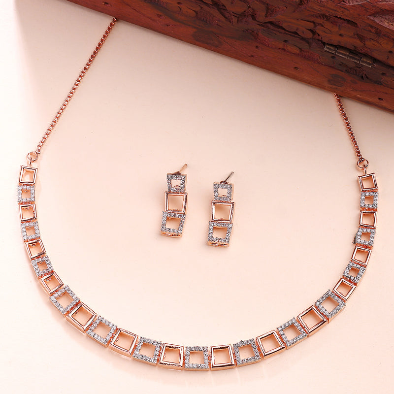 Rose Gold Plated Square Shaped American Diamond Studded Jewellery Set