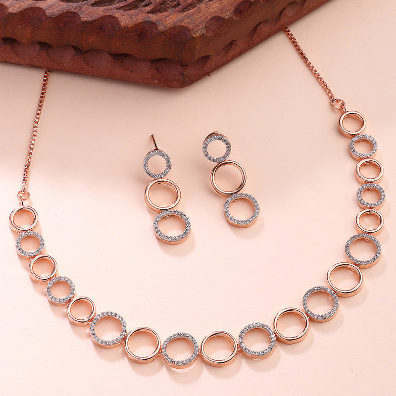 Rose Gold Plated Circular Shaped White American Diamond Studded Jewellery Set