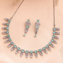 Rhodium Plated Silver Toned Sea Green And White American Diamond Studded Jewellery Set