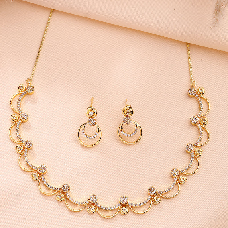 Gold Plated Rose Shaped White American Diamond Studded Jewellery Set