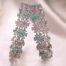 Rhodium Plated Silver Toned Floral Shaped Sea Green & Pink American Diamond Studded Bangles Set Of 2