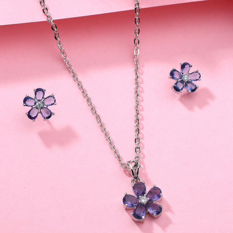 Rhodium Plated Silver Toned Purple And White American Diamond Studded Floral Shaped Pendant set