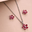 Rhodium Plated Silver Toned Red And White American Diamond Studded Floral Shaped Pendant Set