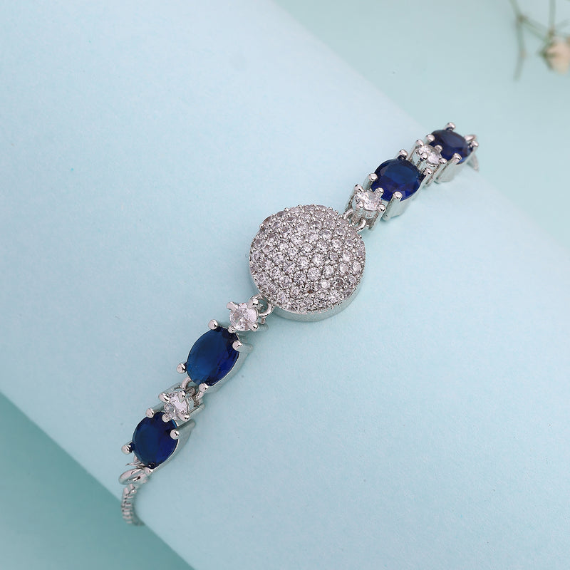 Rhodium Plated Silver Toned White And Blue American Diamond Studded Adjustable Bracelet