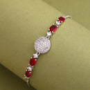 Rhodium Plated Silver Toned White And Red American Diamond Studded Adjustable Bracelet