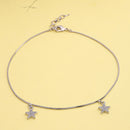 Rhodium Plated Silver Toned White Cubic Zirconia Studded Star Charm Anklet