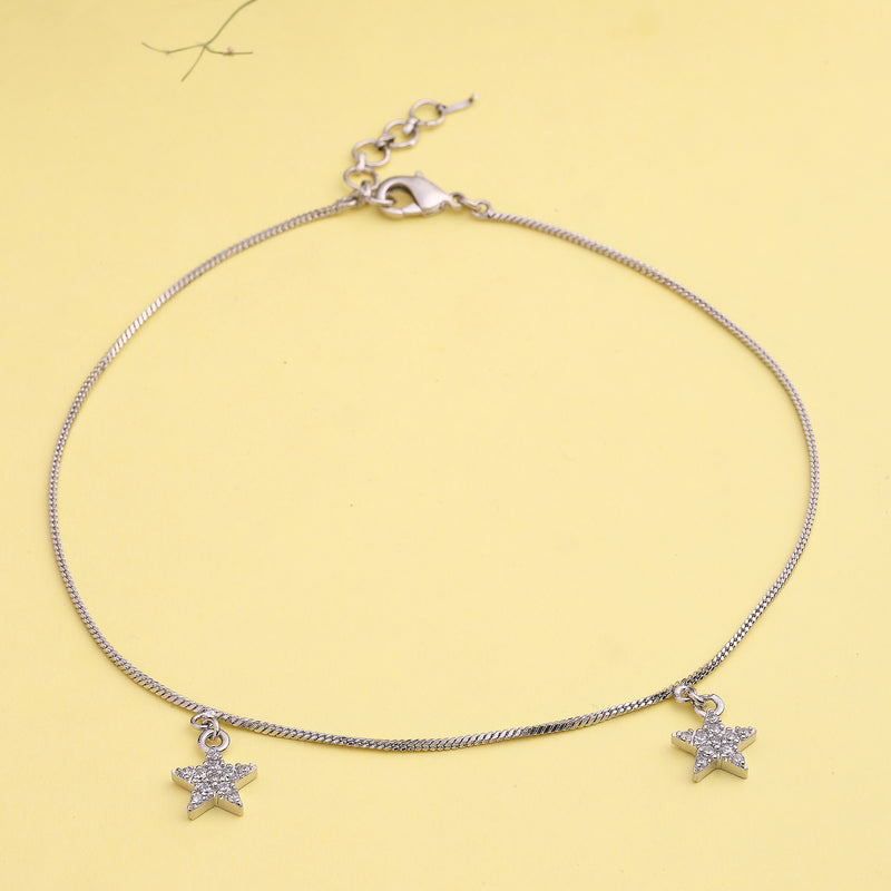 Rhodium Plated Silver Toned White Cubic Zirconia Studded Star Charm Anklet