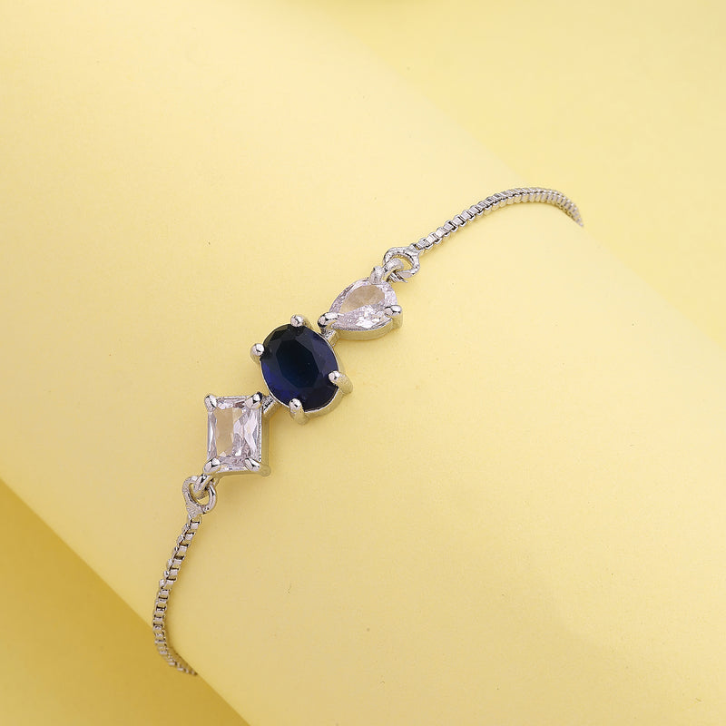 Rhodium Plated Silver Toned Blue And White American Diamond Studded Adjustable Bracelet