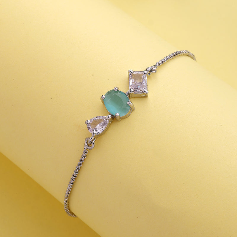 Rhodium Plated Silver Toned Sea Green And White American Diamond Studded Adjustable Bracelet