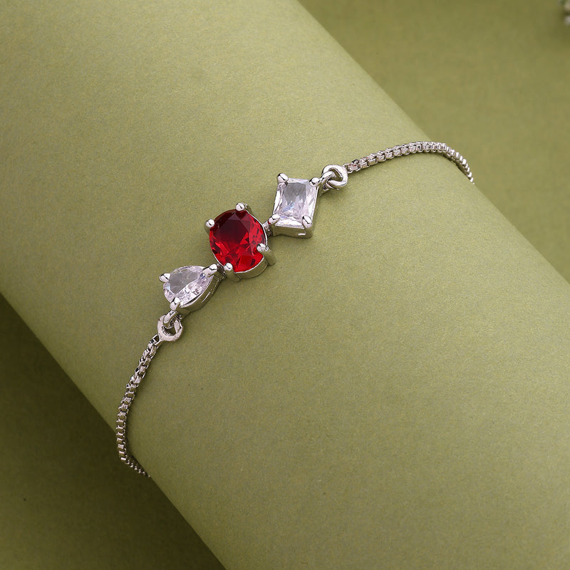 Rhodium Plated Red And White American Diamond Studded Adjustable Bracelet