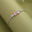 Rhodium Plated Silver Toned Pink And White American Diamond Studded Adjustable Bracelet