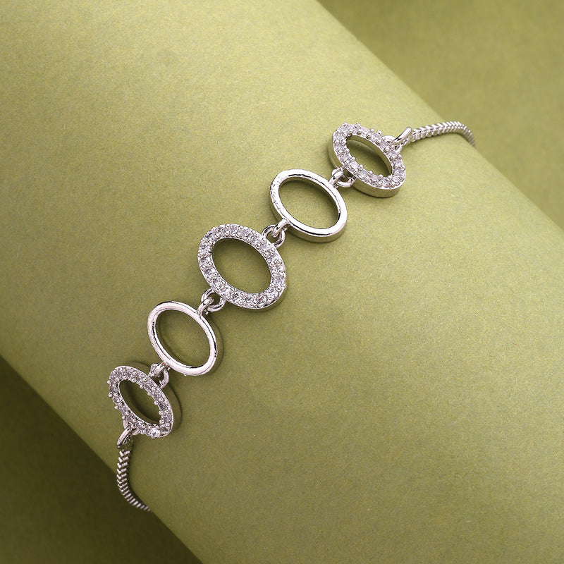 Rhodium Plated Silver Toned Oval Shaped White Cubic Zirconia Studded Adjustable Bracelet