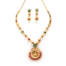 Gold Plated South Indian Temple Jewelry Lakshmi Pendant Necklace Set with Earrings Jewellery Set For Women & Girls (Temple Style Green Stones)