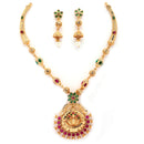 Gold Plated South Indian Temple Jewelry Lakshmi Pendant Necklace Set with Earrings Jewellery Set For Women & Girls (Temple Style Green Stones)