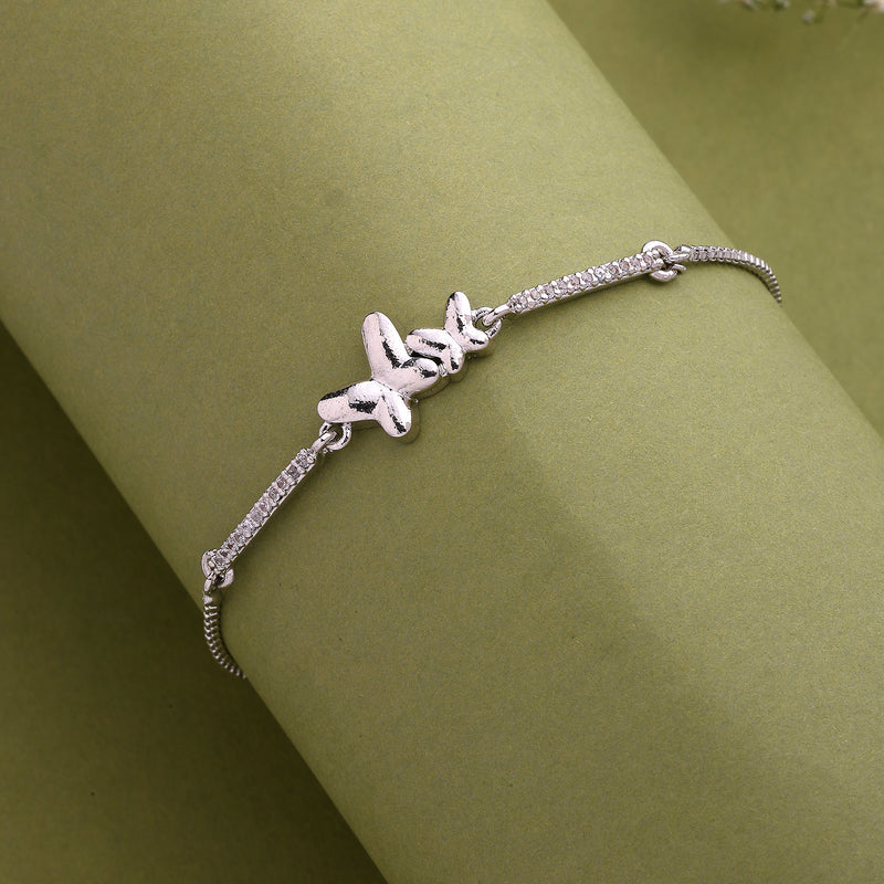 Rhodium Plated Silver Toned Butterfly Shaped White Cubic Zirconia Studded Adjustable Bracelet