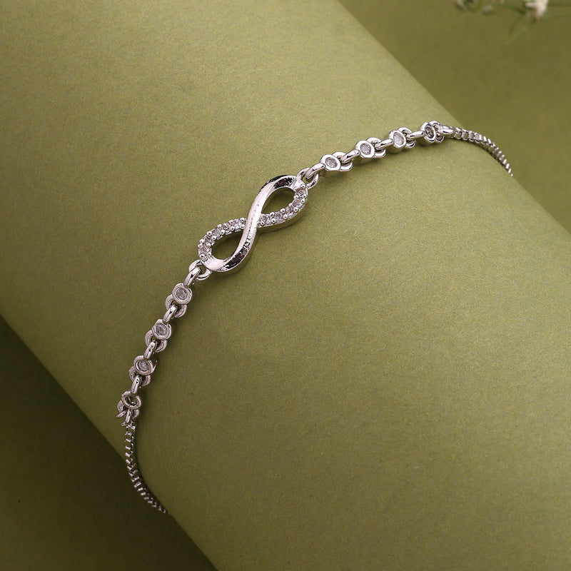 Rhodium Plated Silver Toned Infinity Shaped White Cubic Zirconia Studded Adjustable Bracelet
