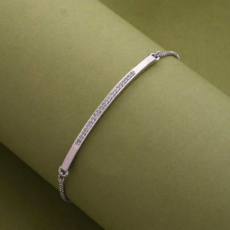 Rhodium Plated Silver Toned Cubic Zirconia Studded Adjustable Bracelet
