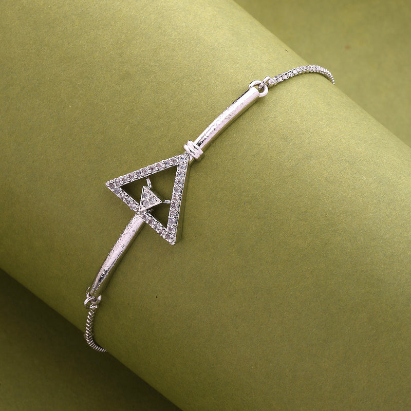 Rhodium Plated Silver Toned White Cubic Zirconia Studded Adjustable Bracelet