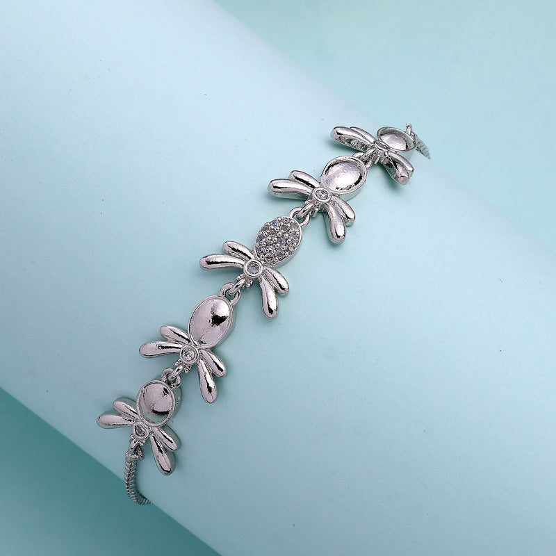 Rhodium Plated Silver Toned Cubic Zirconia Studded Adjustable Bracelet