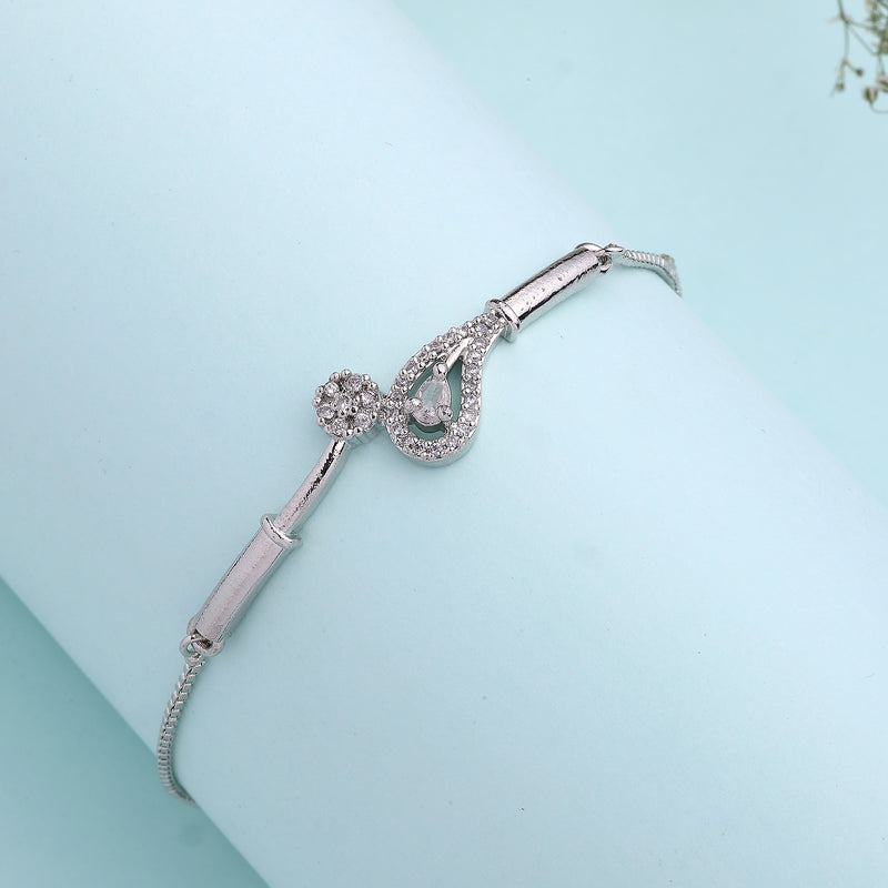 Rhodium Plated Silver Toned Teardrop Shaped White Cubic Zirconia Studded Adjustable Bracelet