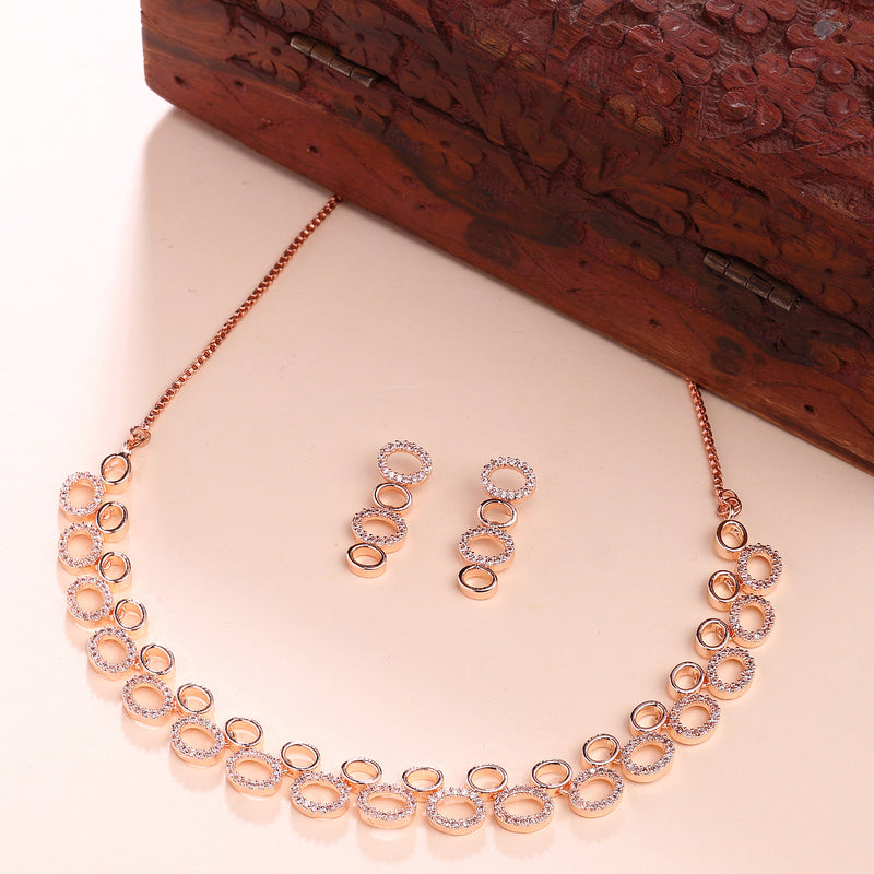 Rose Gold Plated Oval Shaped White American Diamond Studded Jewellery Set