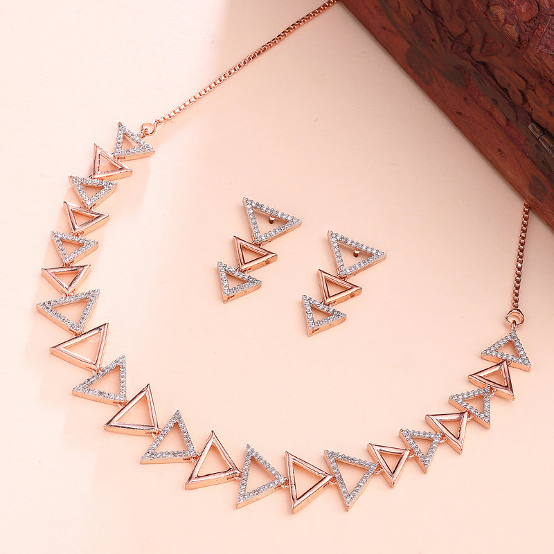 Rose Gold Plated Triangular Shaped White American Diamond Studded Jewellery Set