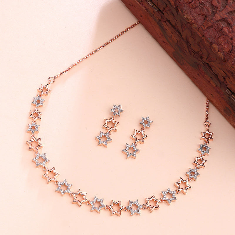 Rose Gold Plated Star Shaped White American Diamond Studded Jewellery Set