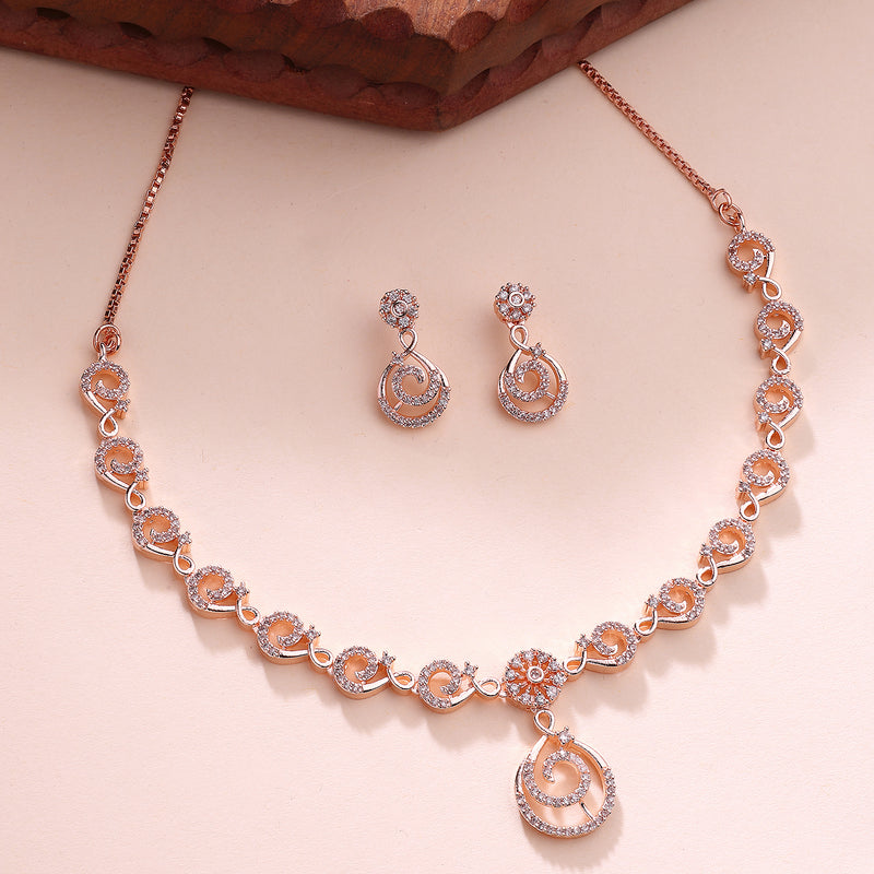 Rose Gold Plated Spiral Shaped White American Diamond Studded Jewellery Set