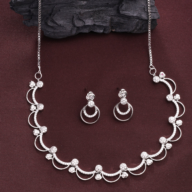Rhodium Plated Silver Toned Rose Shaped White American Diamond Studded Jewellery Set