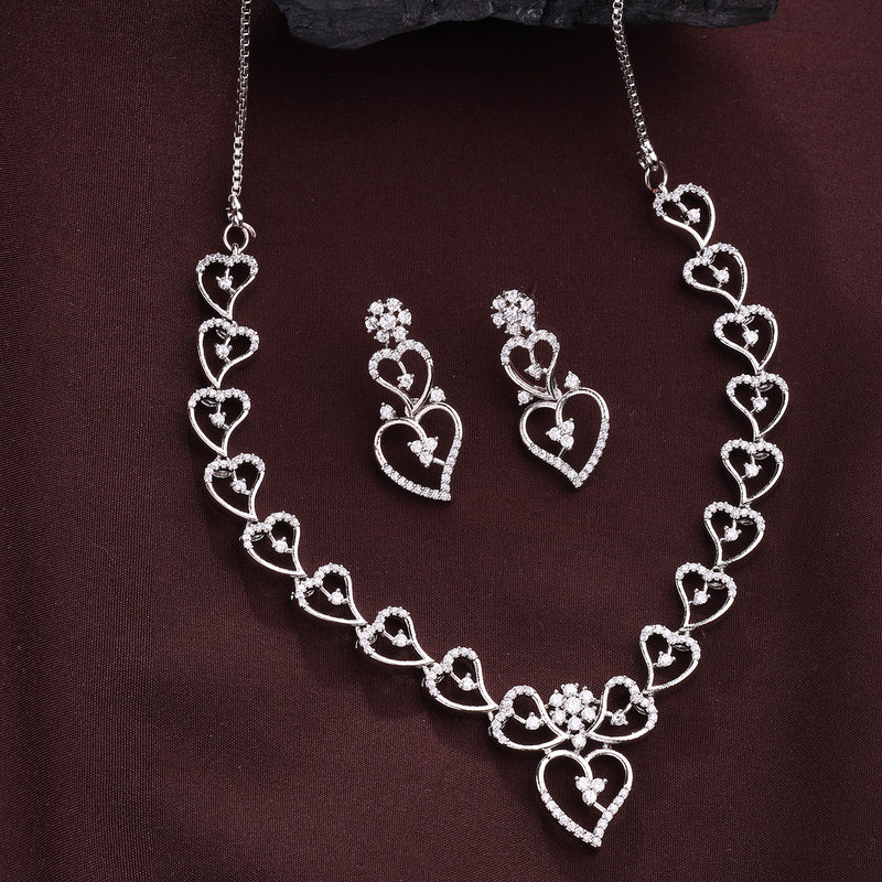 Rhodium Plated Silver Toned Heart Shaped White American Diamond Studded Jewellery Set