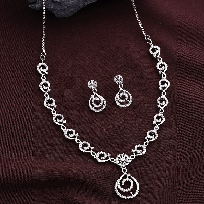 Rhodium Plated Silver Toned Spiral Shaped White American Diamond Studded Jewellery Set