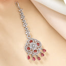 Rhodium Plated Silver Toned Floral Red American Diamond Studded Maang Tikka with Elegant Dangling Stones
