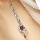 Rhodium Plated Silver Toned Ruby Red American Diamond  Floral Teardrop Maang Tikka  with Elegant Dangling Stones