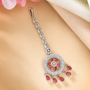 Rhodium Plated Silver Toned Red American Diamond Studded Maang Tikka with Elegant Dangling Stones
