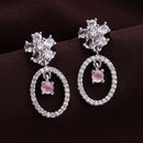 Rhodium Plated Silver Toned Floral Oval Shaped Pink & White American Diamond Studded Drop Earrings