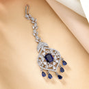 Rhodium Plated Silver Toned Blue American Diamond Pear Maang Tikka with Elegant Dangling Stones