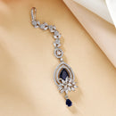 Rhodium Plated Silver Toned Blue American Diamond  Floral Teardrop Maang Tikka  with Elegant Dangling Stones