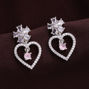 Rhodium Plated Silver Toned Hearty Floral Shaped Pink & White American Diamond Studded Drop Earrings