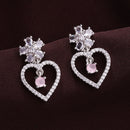 Rhodium Plated Heart Pink American Diamond Contemporary Drop Earrings