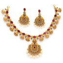 Gold Plated South Indian Temple Jewelry Lakshmi Pendant Necklace Set with Earrings Jewellery Set For Women & Girls (Lakshmi Green Stone Temple Set)
