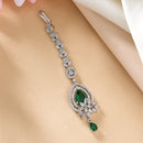 Rhodium Plated Silver Toned Green American Diamond  Floral Teardrop Maang Tikka with Elegant Dangling Stones